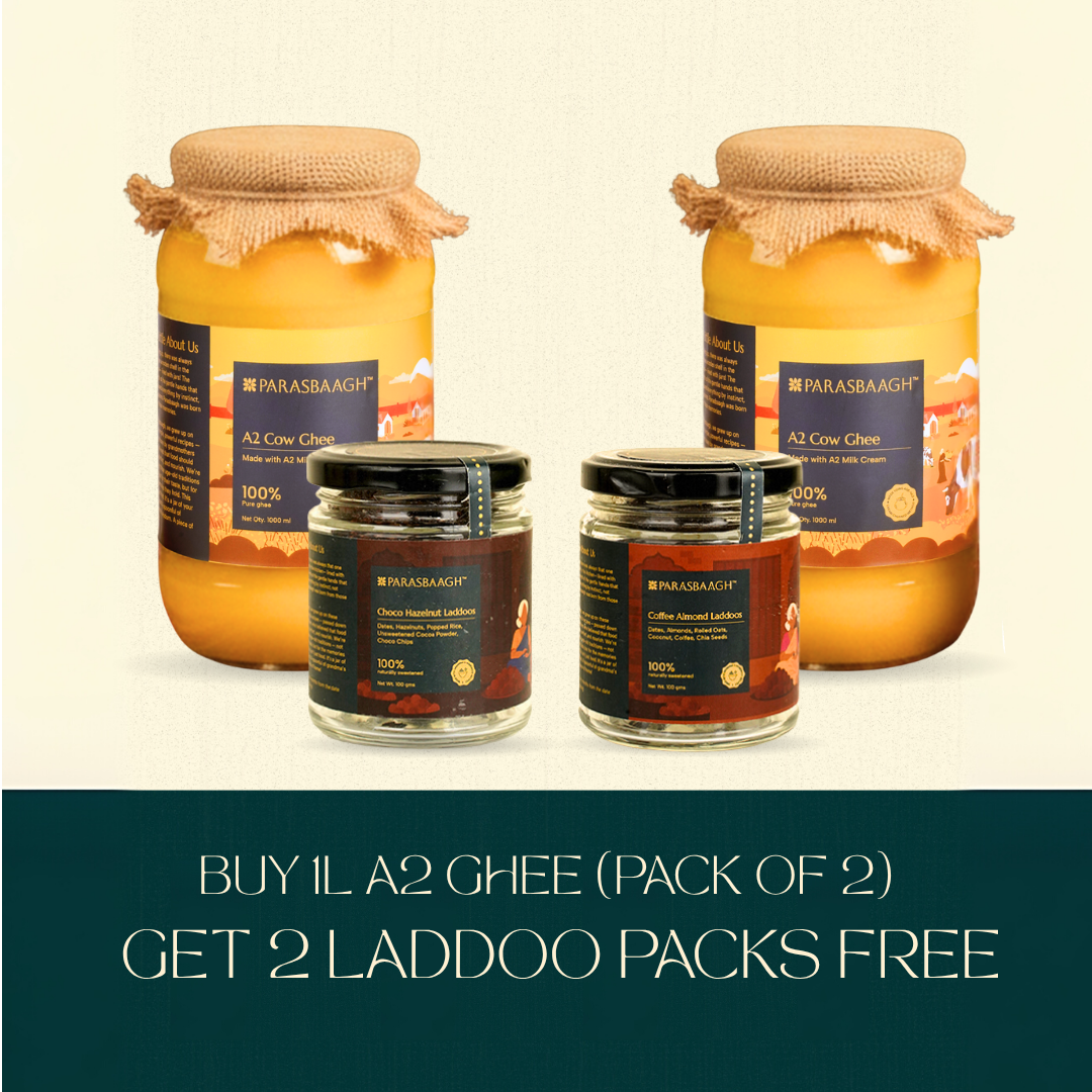 Buy 1Ltr A2 Cow Ghee (Pack of 2) and get 2 Laddoo Packs Free