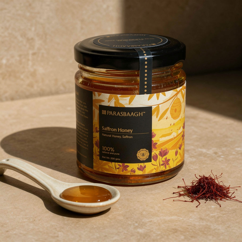 Saffron Honey | Pure Honey Infused with Kashmiri Saffron | Unfiltered Honey with Bee Wax